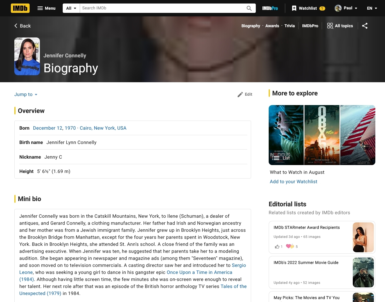 IMDb Jennifer Connelly Bio from 2026