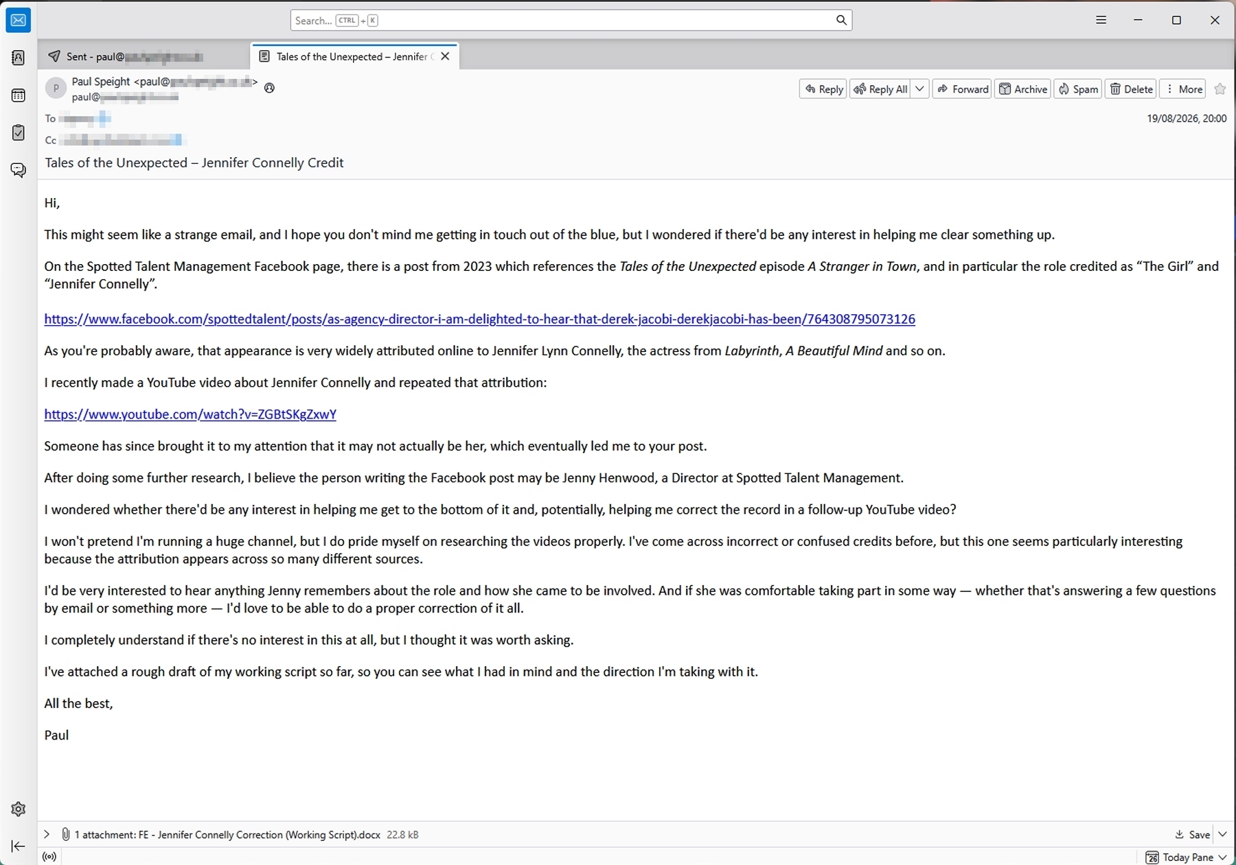 Screenshot of Email to Spotted Talent Management concering Jennifer Connelly Facebook Post