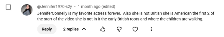 YouTube comment correcting the Jennifer Connelly credit